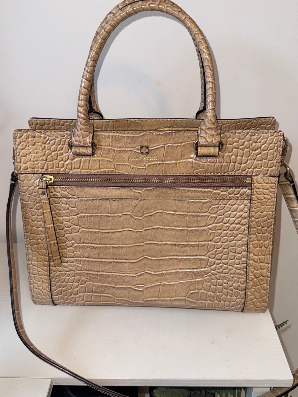 Kate Spade Structured Croc-Embossed Tote Bag in Taupe/Blush